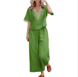 Ensemble deux pièces décontracté grande taille en coton et lin, pantalon court à col en V