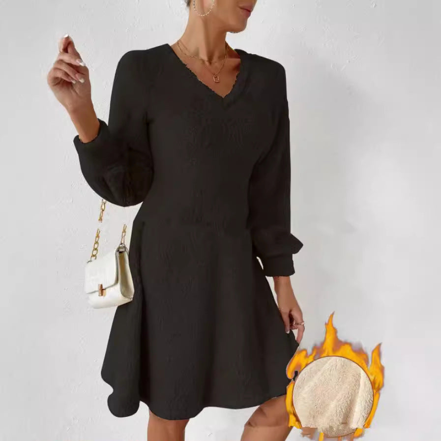 Women's Autumn And Winter Thickened Double-sided Plush V-neck Slimming Dress Pajamas