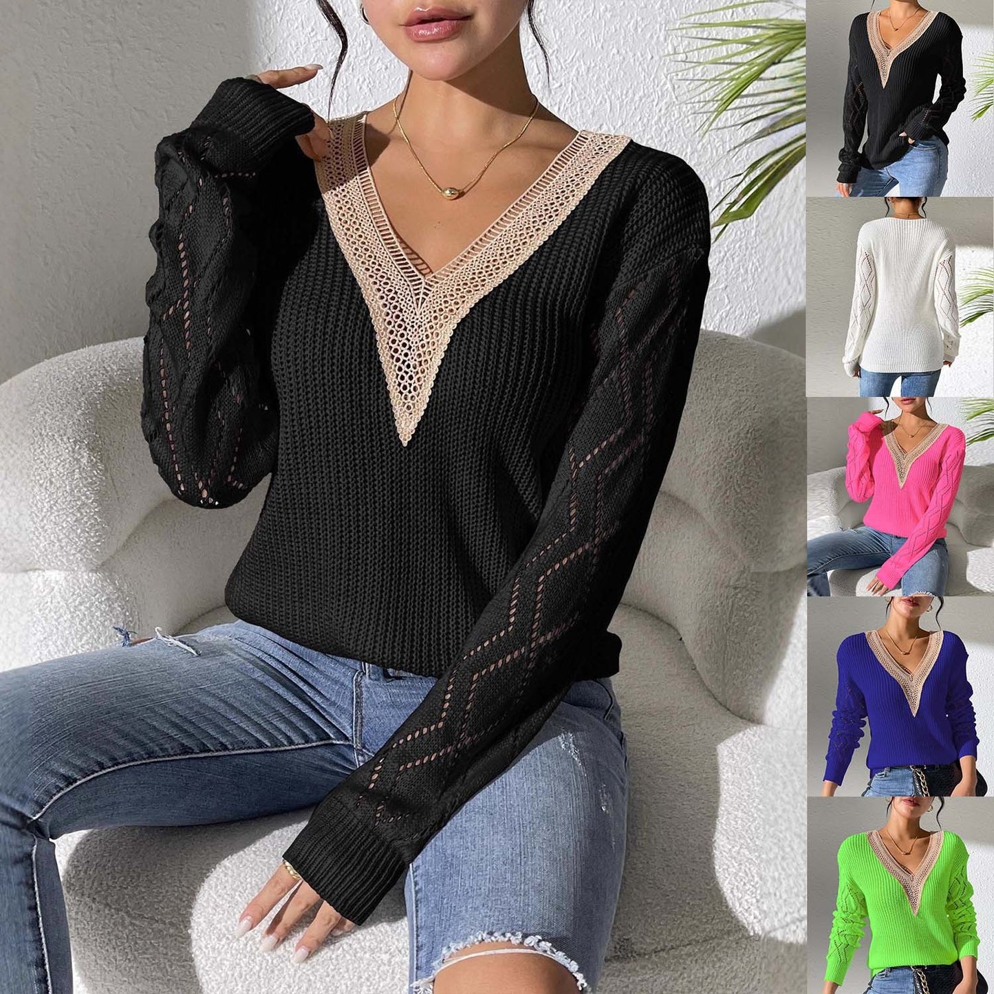 Lace Stitching Hollow Contrast Color Knitwear