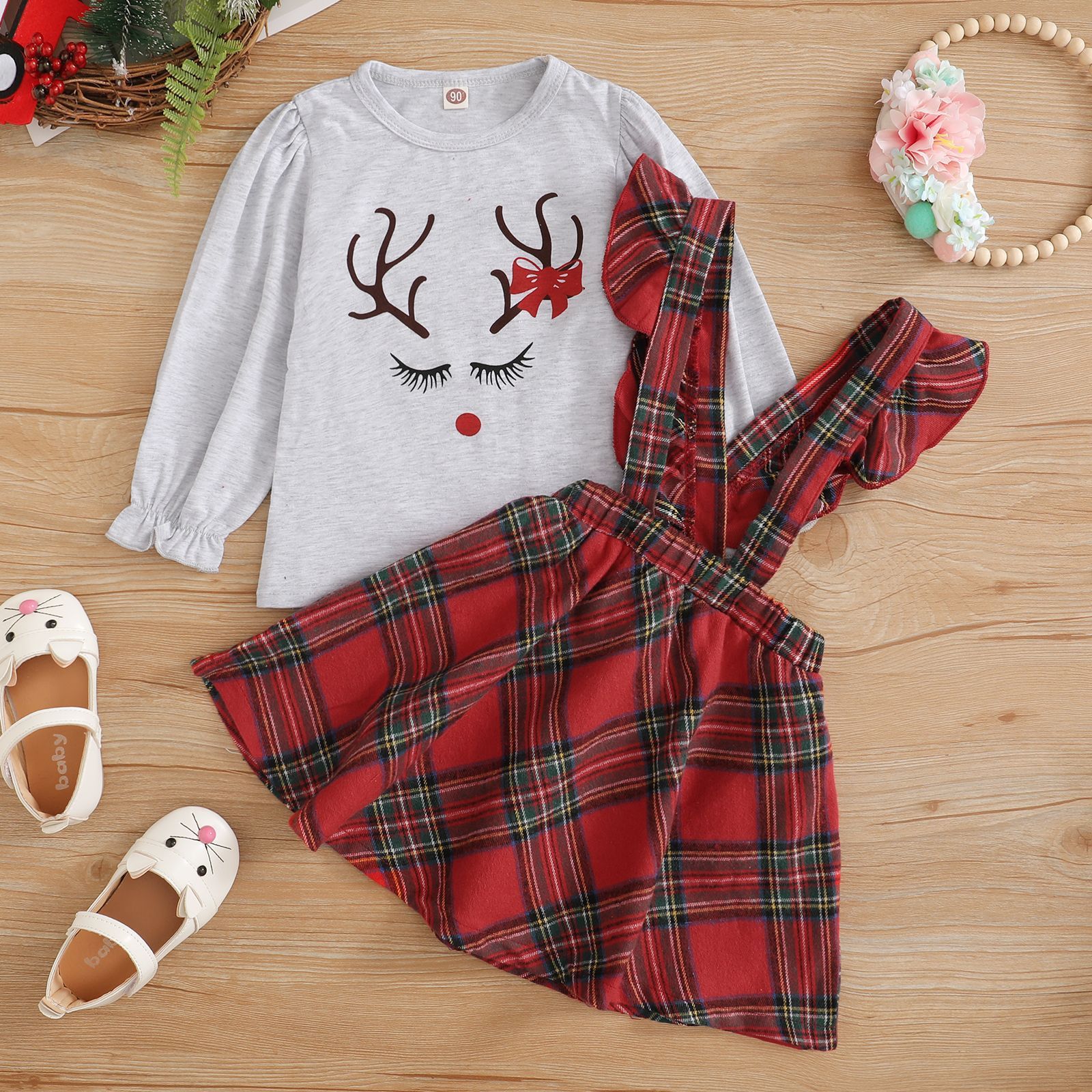 Robe salopette à carreaux à manches longues et imprimé lettres de style Noël pour filles