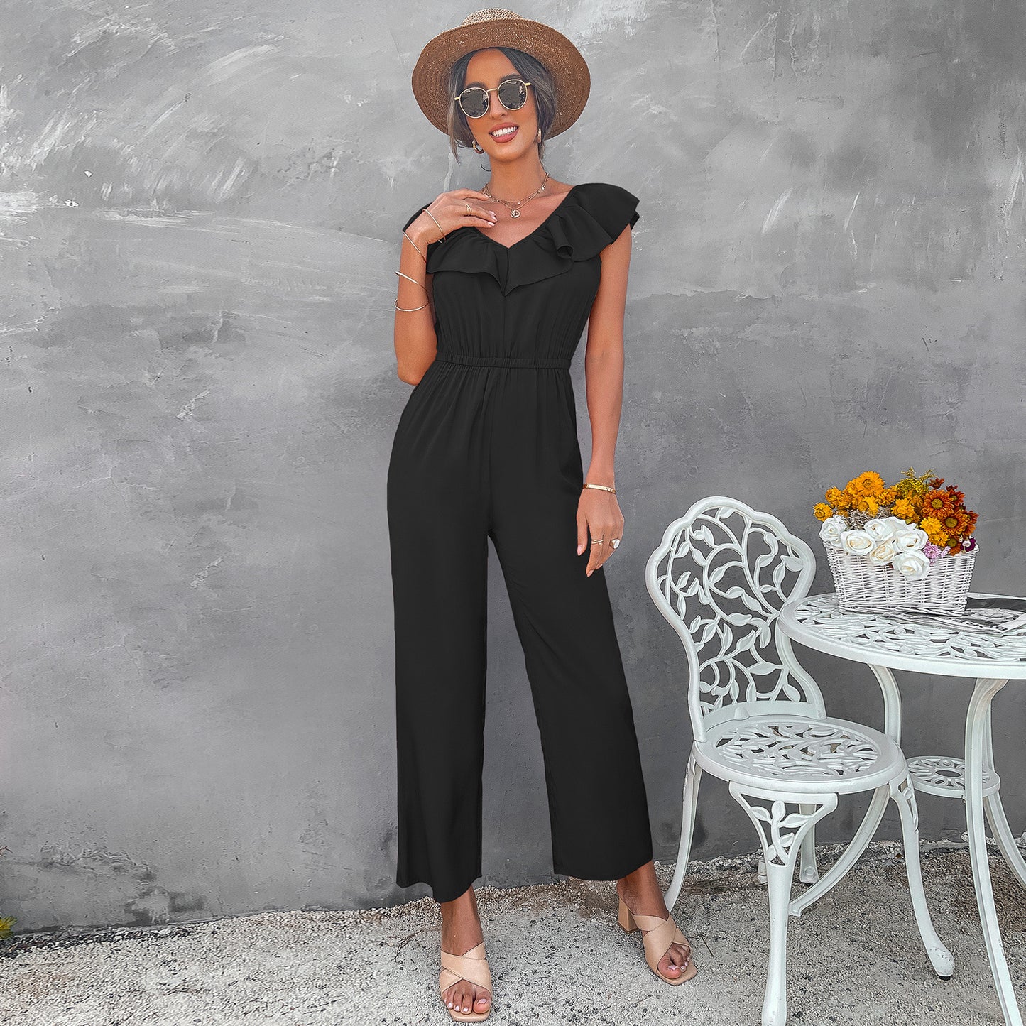 Women's Solid Color Back Straight Jumpsuit