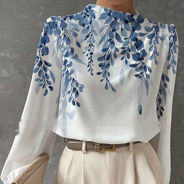 Half Turtleneck Lantern Sleeve Printed Top