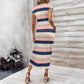 Striped Printed Crew Neck Short Sleeve Long Dress With Bow Detail