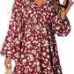 Floral V-neck Long Sleeve Pleated Elastic Waist Dress