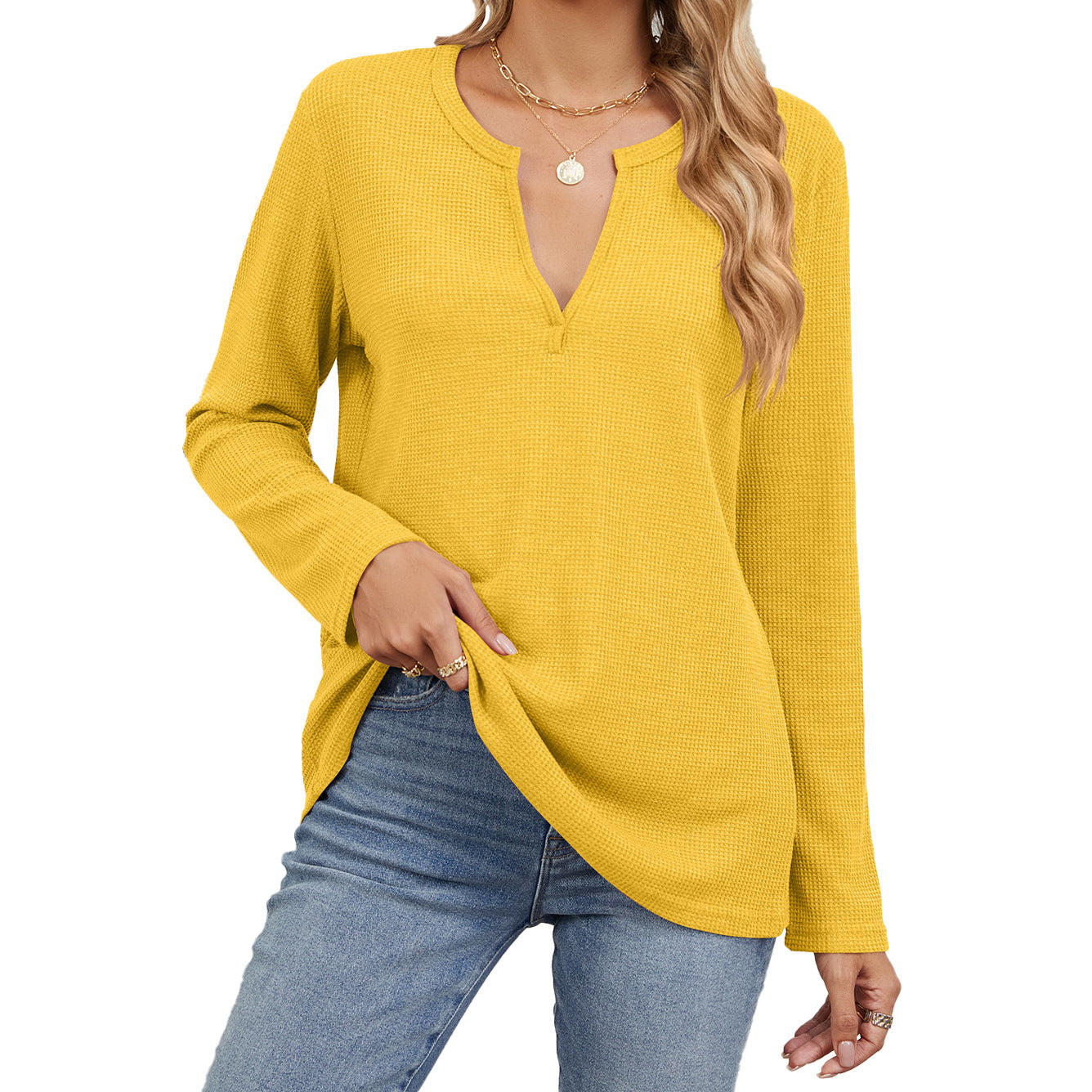 Loose-fitting V-neck Long Sleeves T-shirt Top For Women
