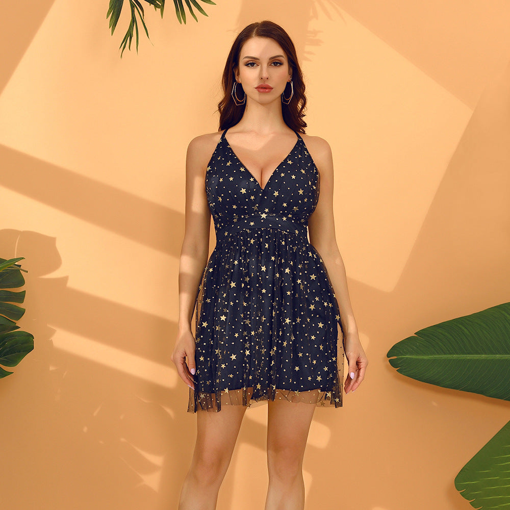 Robe à paillettes et bretelles à col en V, robe dos nu