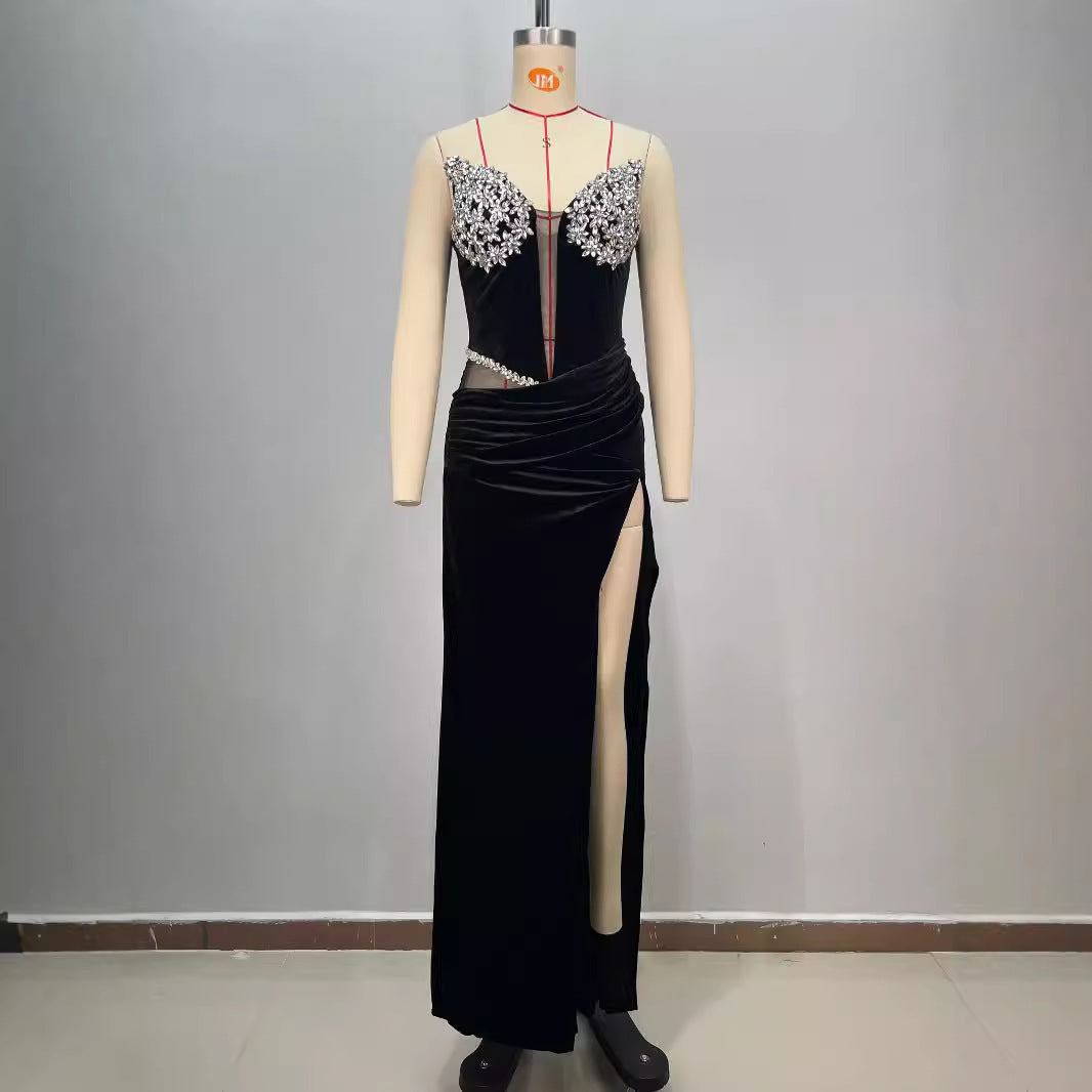 Women's Black Bandeau Slim-fit Drilling Long Dress