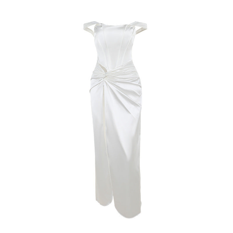 Socialite Style Temperament Waist-controlled Twisted Split Satin Long Dress