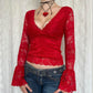 Temperament Red Lace V-neck Mesh Long-sleeved Top For Women