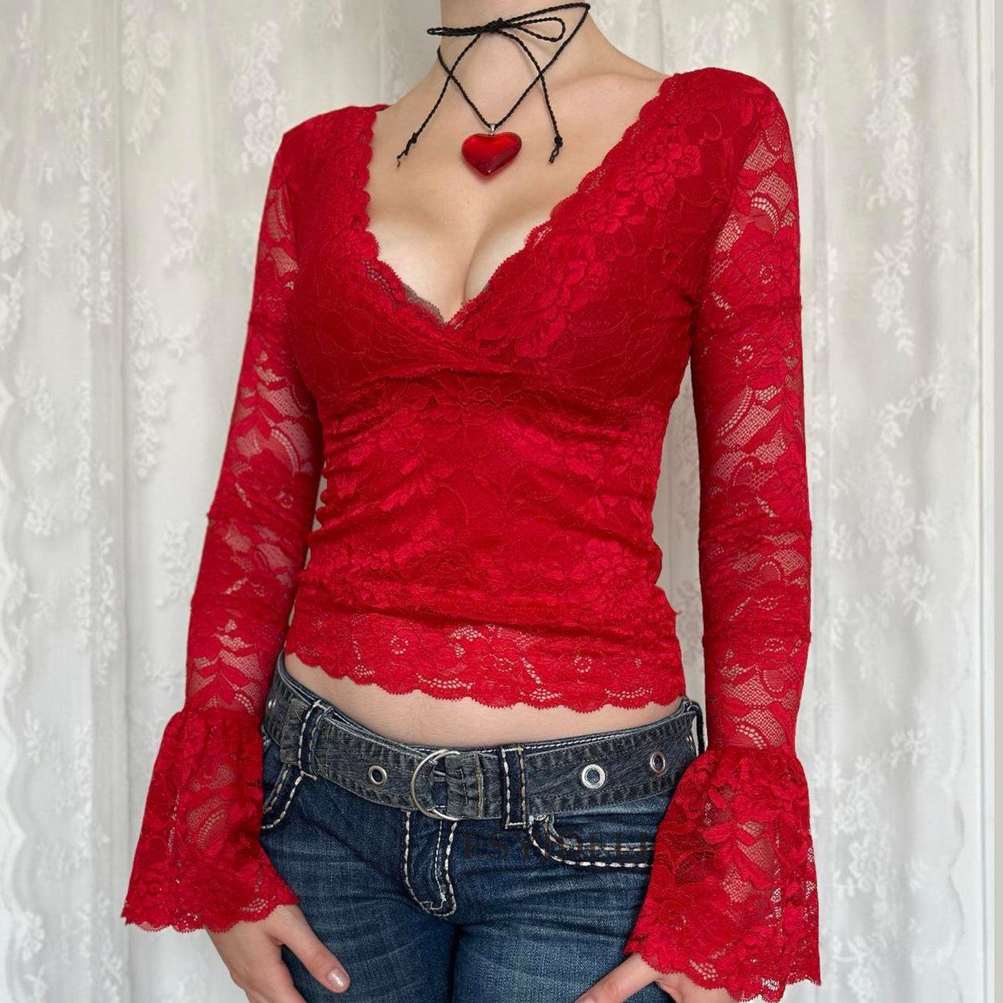 Temperament Red Lace V-neck Mesh Long-sleeved Top For Women