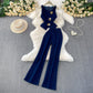 Metal Button Crew Neck Sleeveless Denim Vest High Waisted Wid Leg Pants Set