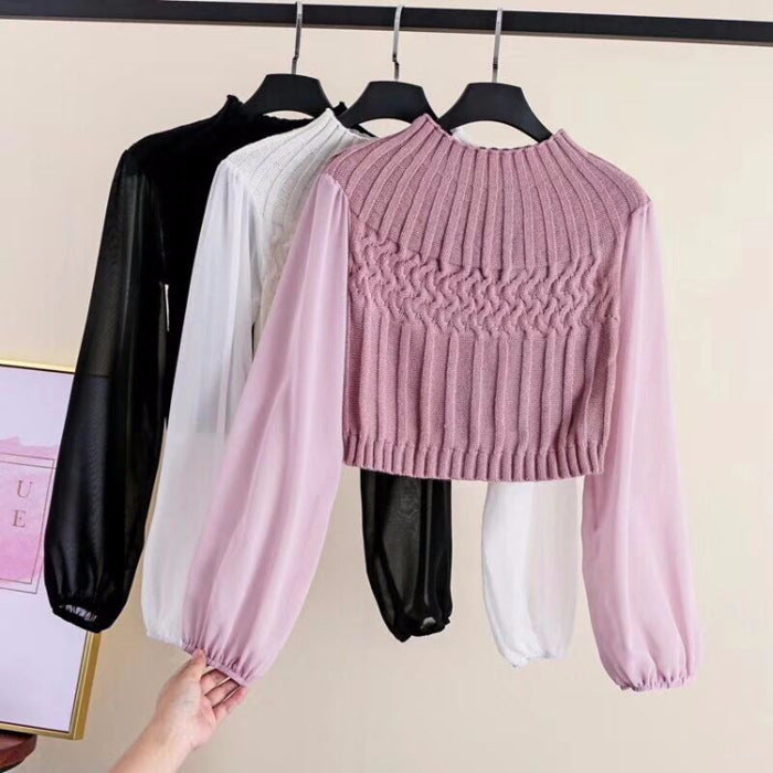 Round Neck Lantern Sleeve Chiffon Patchwork Sweater