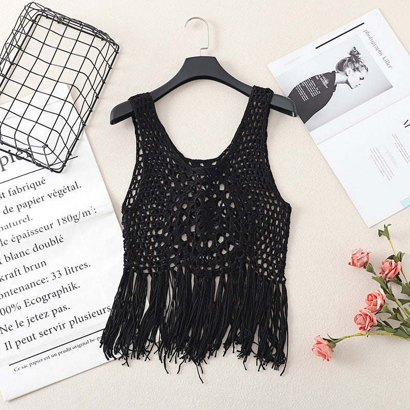 Retro Blouse Bohemian Hollow Knitted Short Ethnic Style Tassel Suspender Vest