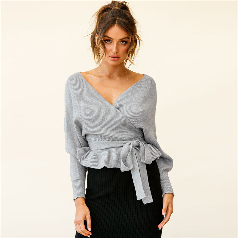 Ladies Autumn Winter Short Pullover V-Neck Knitted Top