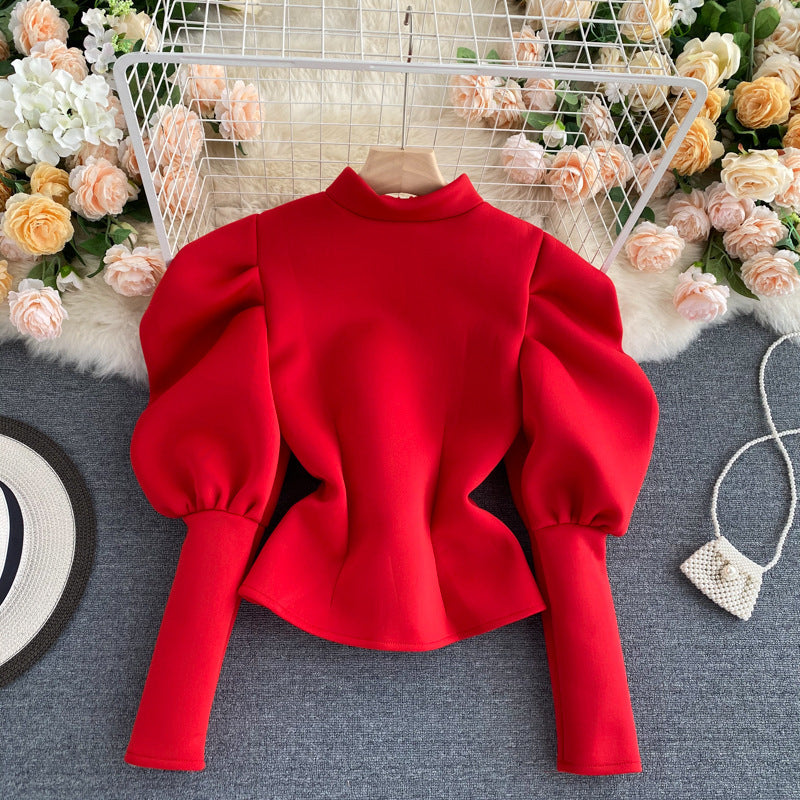Women's Long Solid Color Puff Sleeve Top