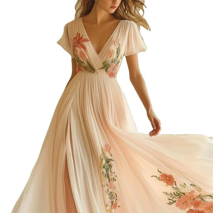 Women's V-neck Short-sleeved Digital Printing Positioning Long Dress