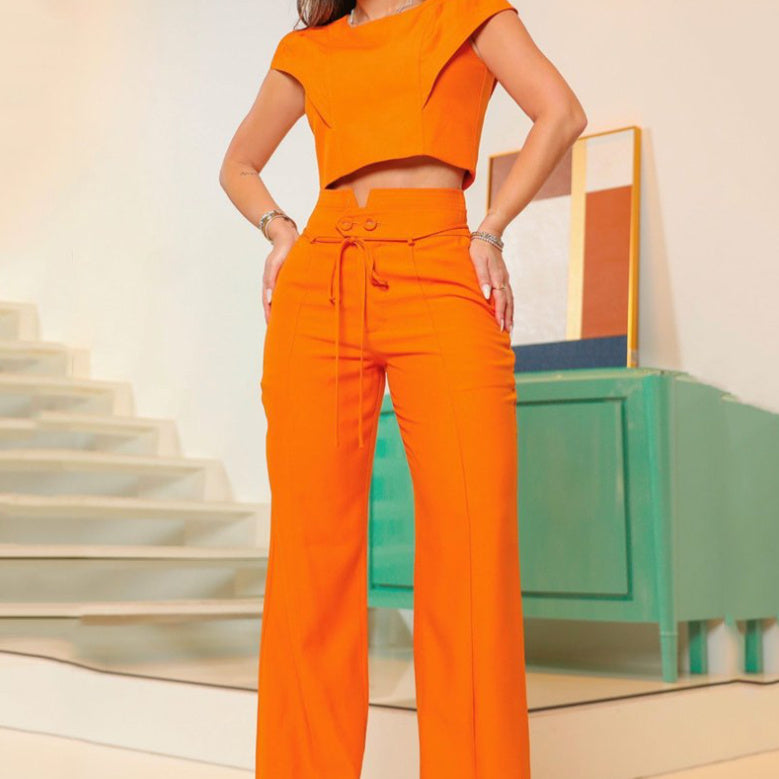 Ensemble deux pièces décontracté à col rond et coupe droite pour femme, couleur unie