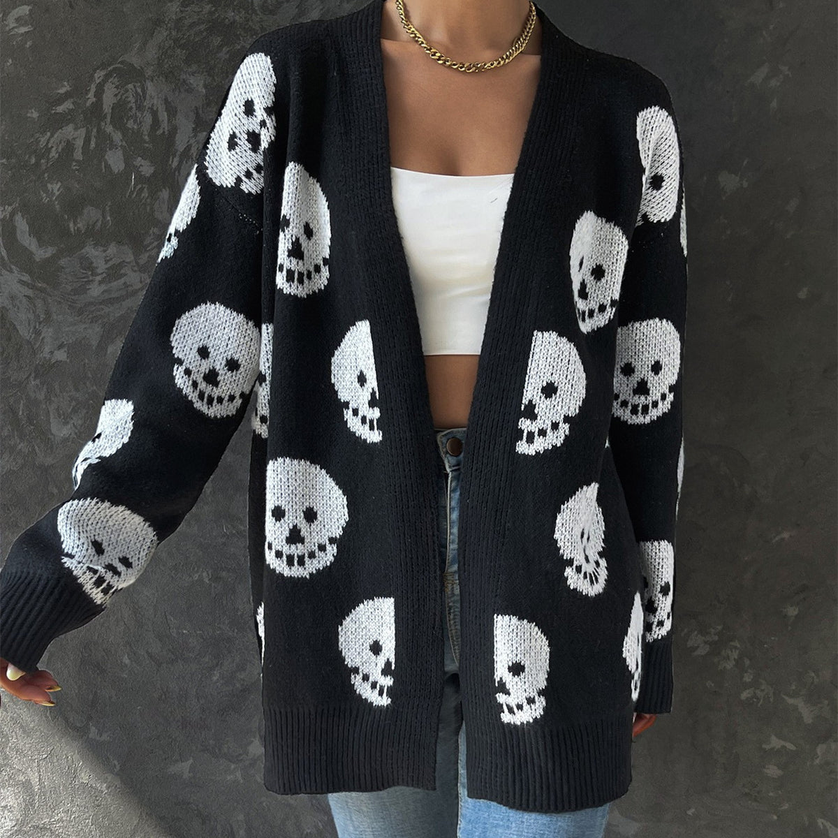 Cardigan à manches longues en tricot jacquard à motif tête de mort pour femme, style décontracté, Halloween