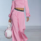 Sporty Style Boat Neck Long Sleeved Top And Wide Leg Pants Set
