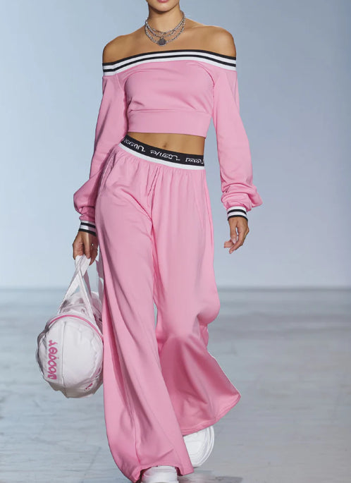 Sporty Style Boat Neck Long Sleeved Top And Wide Leg Pants Set