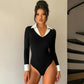 Female Contrasting Lapel Patchwork Fake Two-piece Jumpsuit