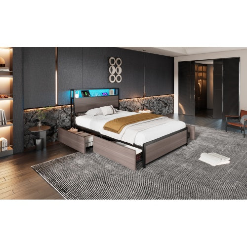 Metal Bed, 3FT Single Bed 90x190cm, With LED Light Strip And 4 Drawerss, 2 USB Port 1 Type C, Durable And Sturdy, Youth Bed, For Adults  Teenagers, Multifunctional Bed, Wrought Iron Bed, Grey