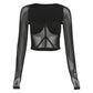 Women's Fashion Long-sleeved Square Neck Mesh See-through Slim T-shirt