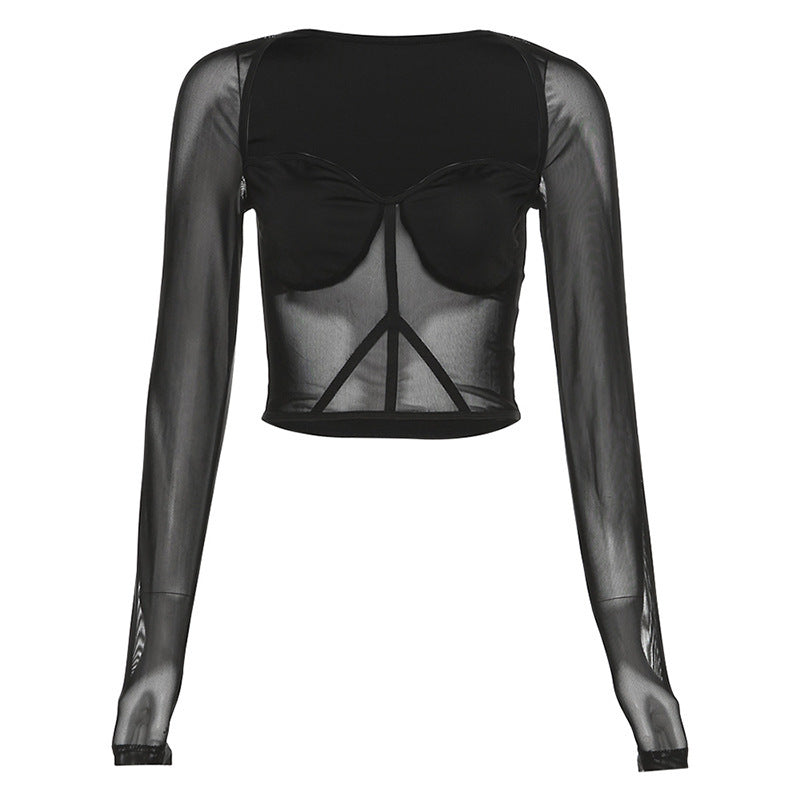 Women's Fashion Long-sleeved Square Neck Mesh See-through Slim T-shirt