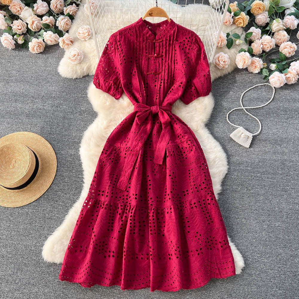 Women's Temperament Fashion Waist-slimming Hollow Bubble Short-sleeved Dress