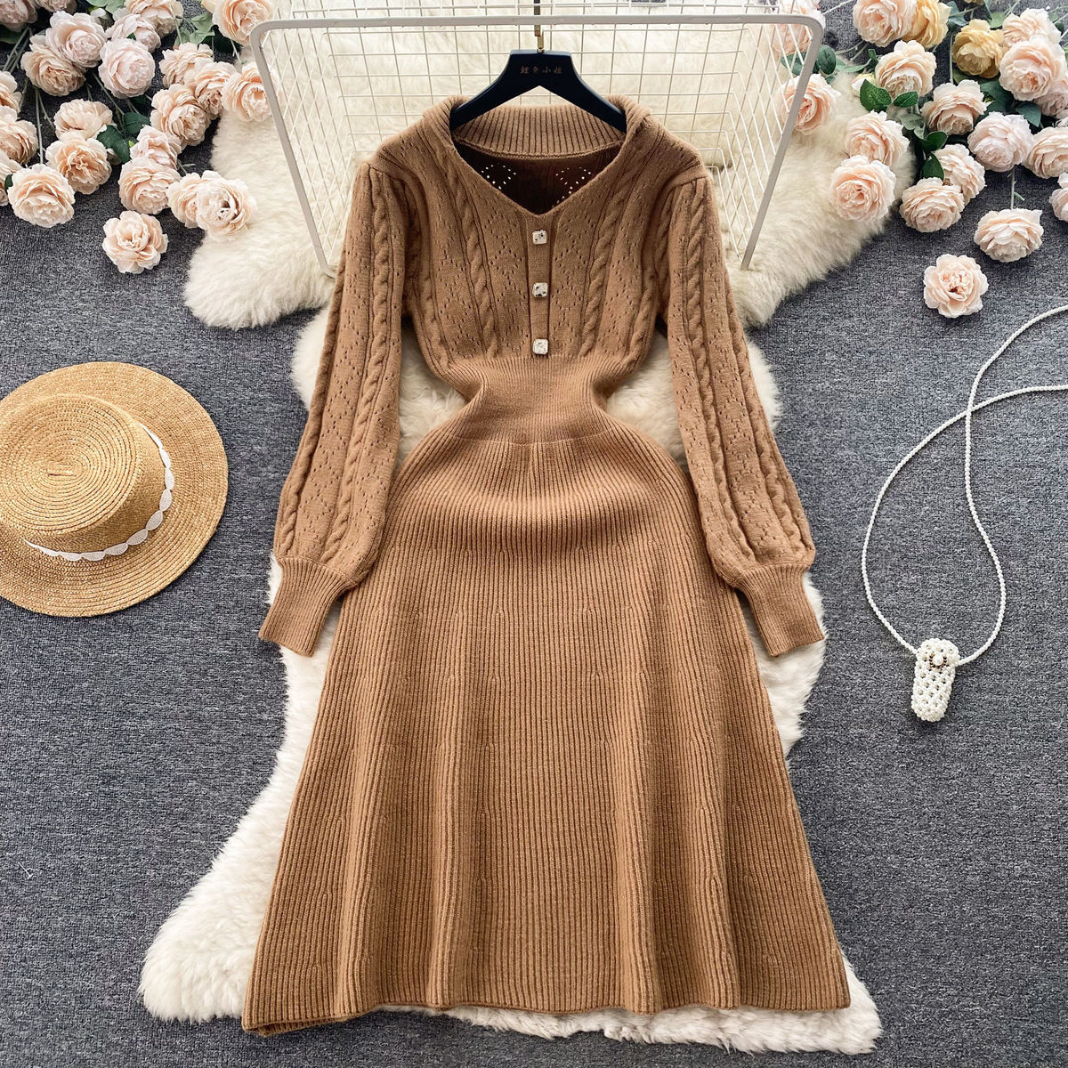 Casual Fashion Retro Long-sleeved Knitted Dress Waist Slimming Elegant Inner Match Long Dress