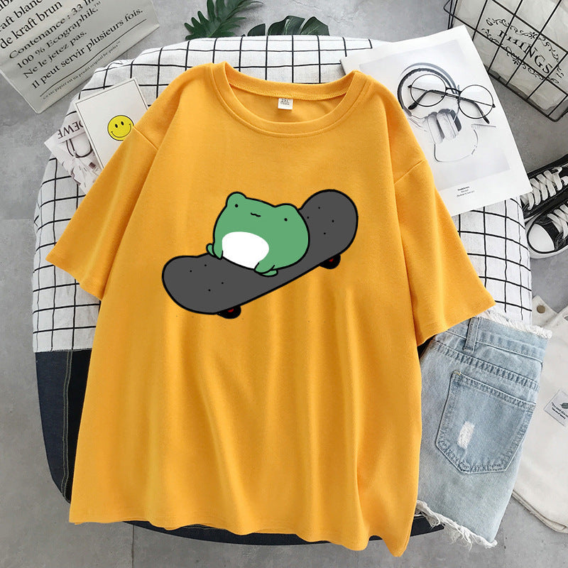 T-shirt col rond à manches courtes et col rond pour femme, vêtement simple et mignon, style grenouille, haut ample et amincissant, été