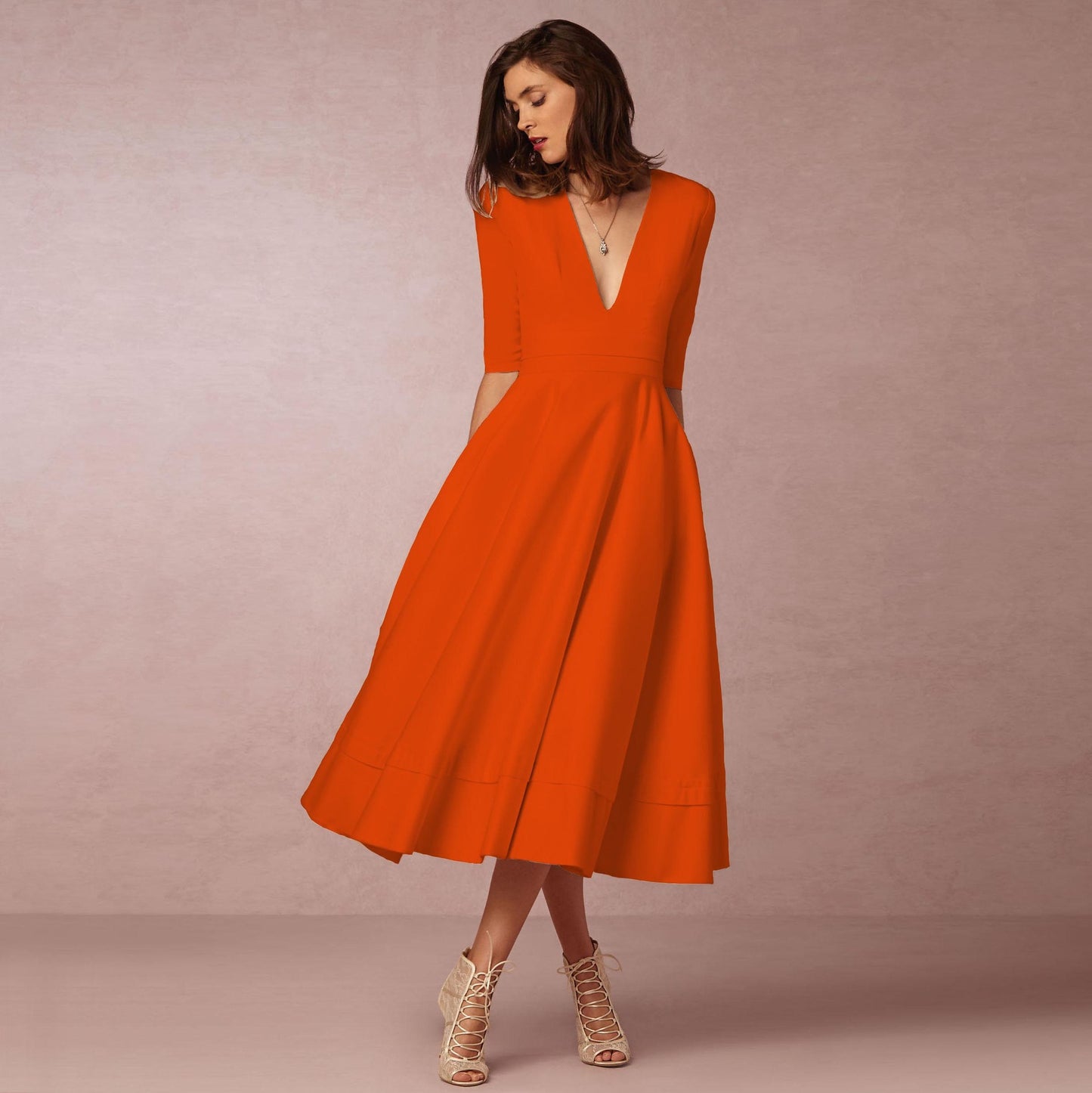 Women's Clothing Evening Dress Deep V Mid-sleeve Large Swing Dress