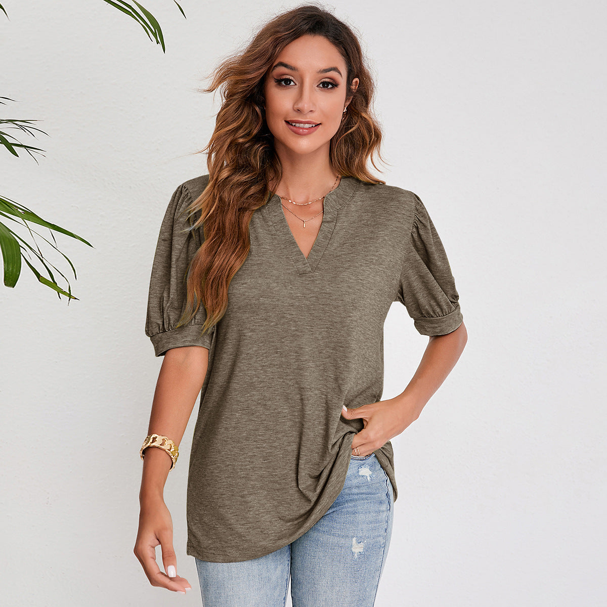 Women's Top Casual V-Neck Solid Color Puff Sleeves