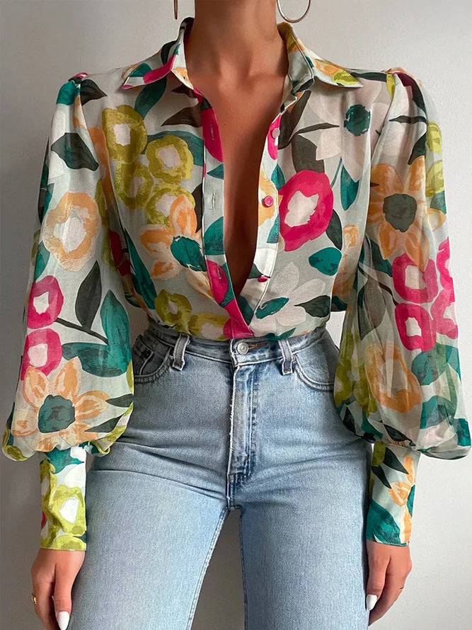 Chemise d'été à manches lanternes imprimées