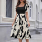 Commuting Knit Printed Stretch Square Neck Slim Short Sleeve Puff Sleeve Dress