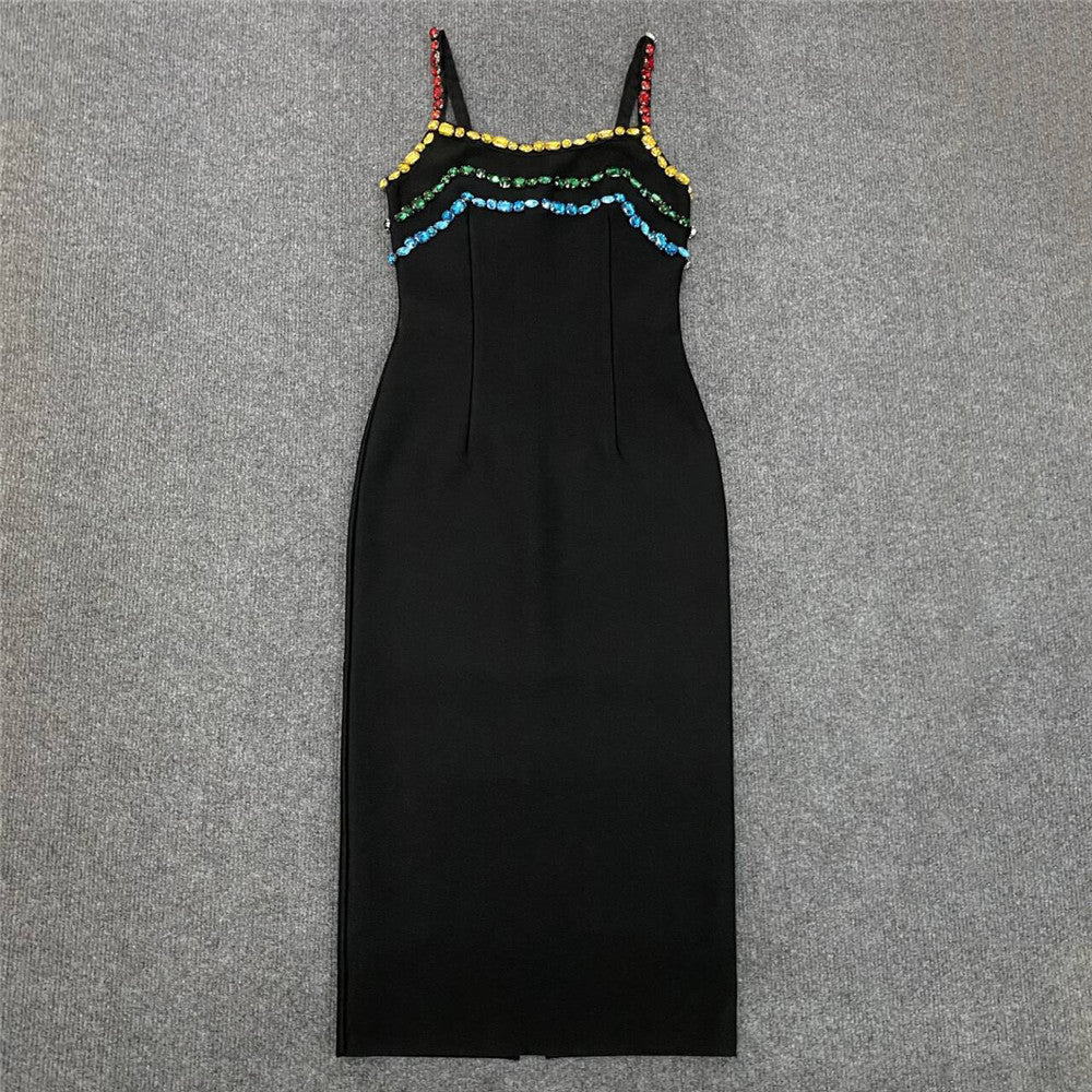 Robe de soirée à bretelles en strass