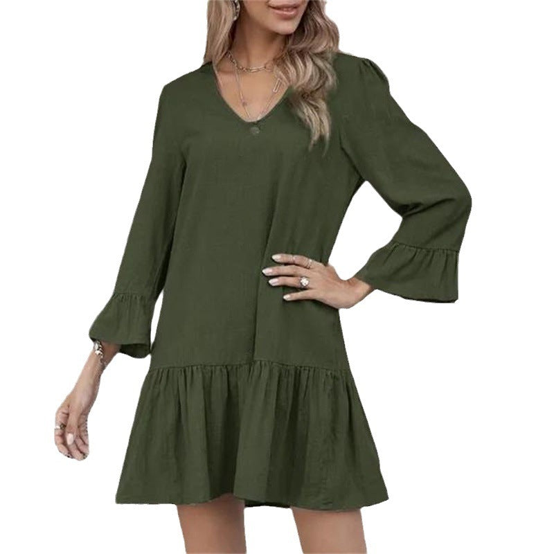 Robe ample à col montant pour femme, couleur unie, plissée, en coton et lin