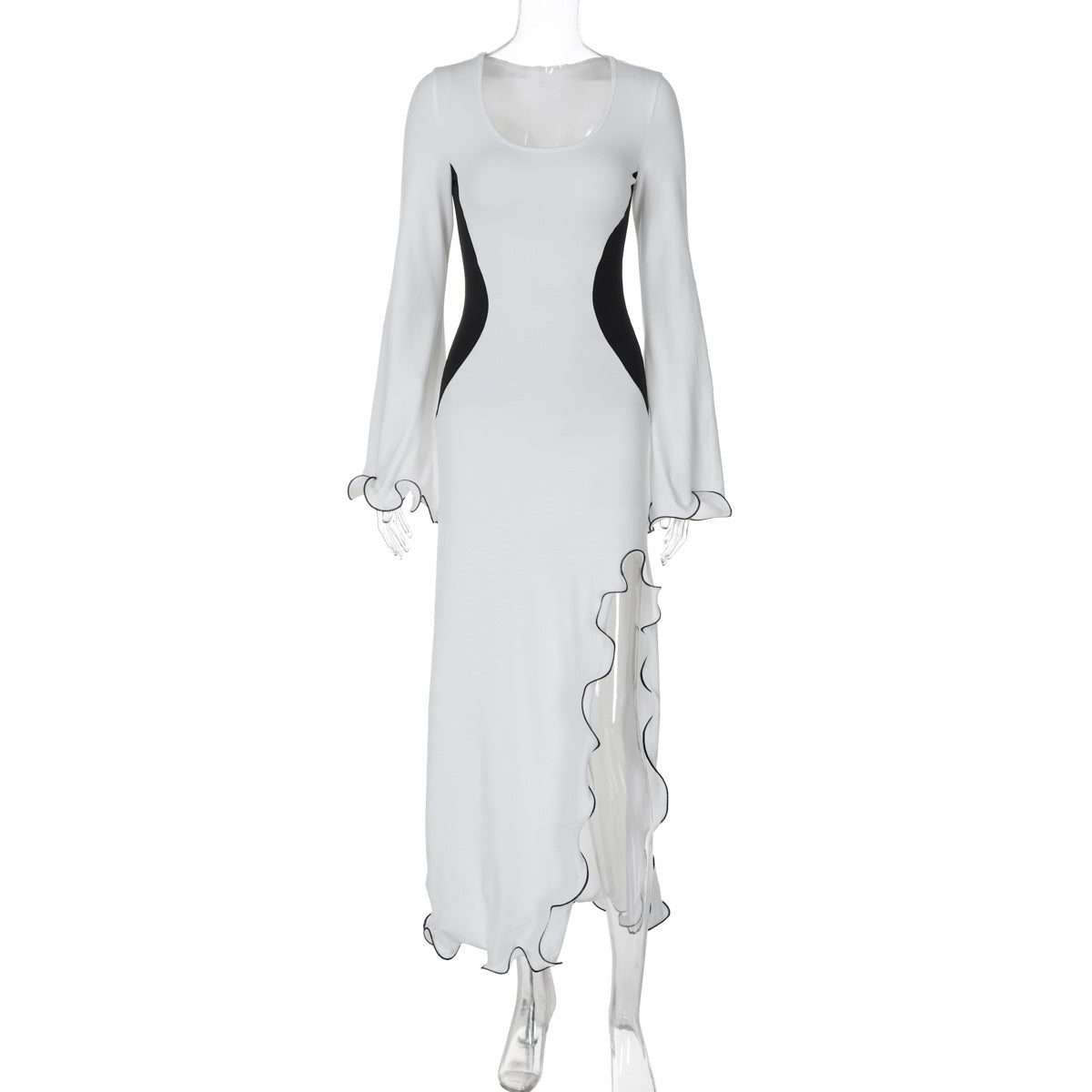 Slim Fit High Waist Stitching Split Long Sleeve Dress