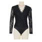 Lace Stitching Long-sleeved Jumpsuit Slim Fit Lace V-neck Hollowed-out Jumpsuit