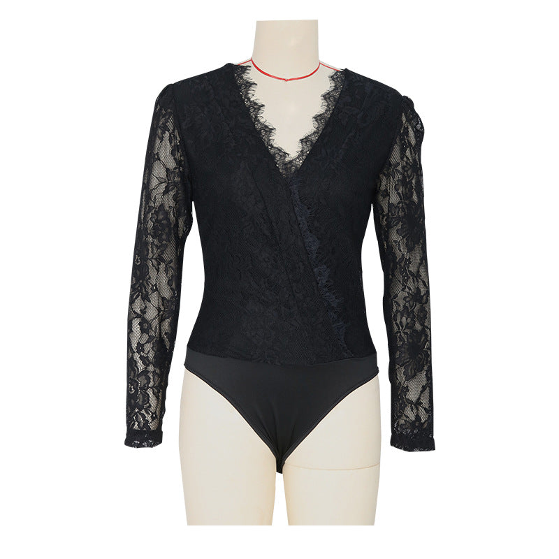 Lace Stitching Long-sleeved Jumpsuit Slim Fit Lace V-neck Hollowed-out Jumpsuit