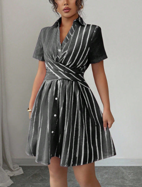 Strap-waisted Striped Shirt-style Short Dress