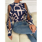 Geometric Print Stitching Mesh Round Neck Pullover Top