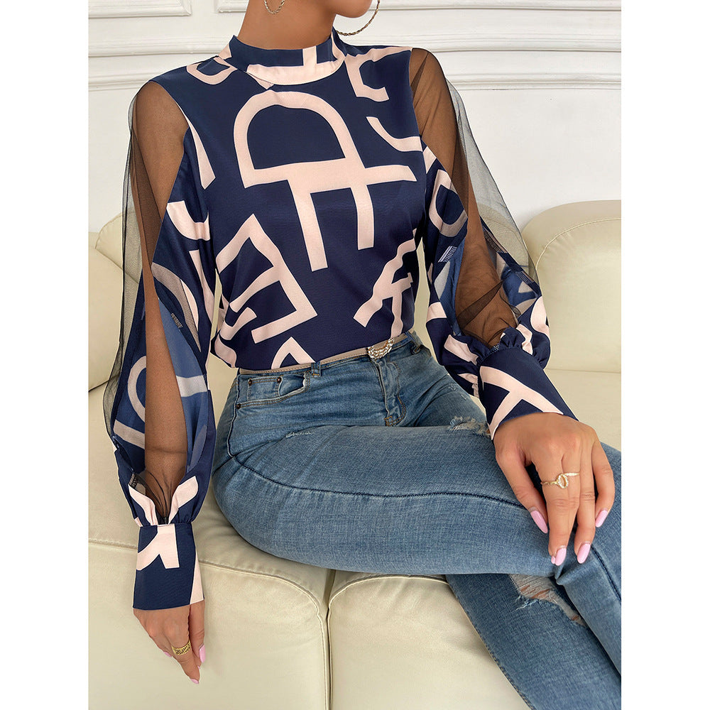 Geometric Print Stitching Mesh Round Neck Pullover Top