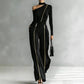 Crew-neck Long-sleeve Knit Two-way-zipper Wide-leg Pants Set