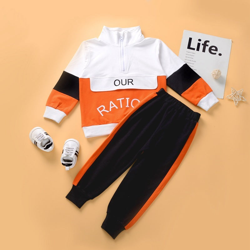 Letter Long Sleeve Top With Color Block Trousers