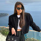 Veste courte décontractée à simple boutonnage et col montant avec poches, vêtement d'extérieur à manches longues et tendance pour femme