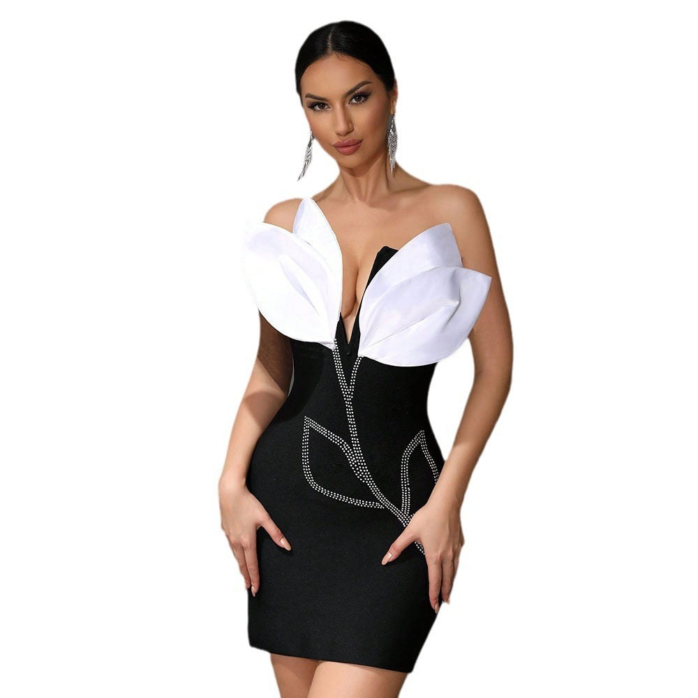 Black One-shoulder Sleeveless Flower Bandage Dress