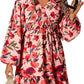 Floral V-neck Long Sleeve Pleated Elastic Waist Dress