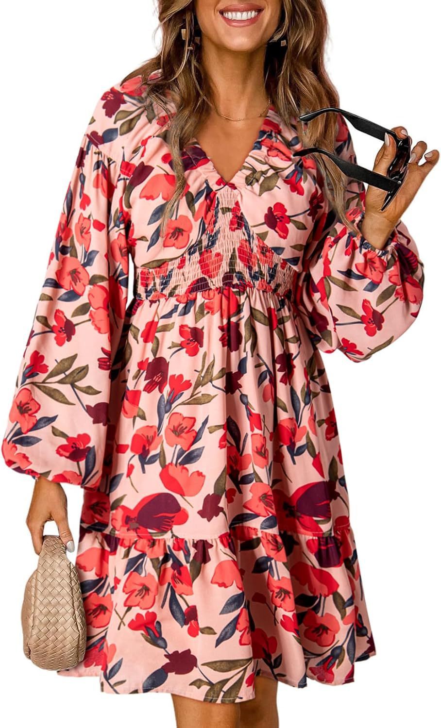 Floral V-neck Long Sleeve Pleated Elastic Waist Dress