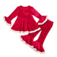 Girls Fall Winter Christmas Solid Color Raw Edge Flare Pants Two Piece Set